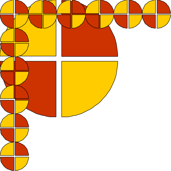 The image shows a stylized graphic with geometric shapes resembling an abstract representation of a sunset over what appears to be water, featuring reds, yellows, blues, blacks, whites, greys and other shades in various patterns within its borders.
