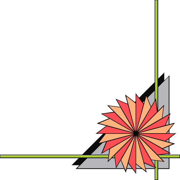 The image shows a black background with geometric shapes: two triangles forming an angle at 90 degrees on either side of what appears to be a red star-like shape in between them; there is also a small, darker triangle pointing towards this central figure from above and slightly off center. There are no texts or other objects present within the image's frame. The style suggests it could represent an abstract concept such as angles, shapes, or perhaps even celestial bodies like stars with geometric representations of space around them.