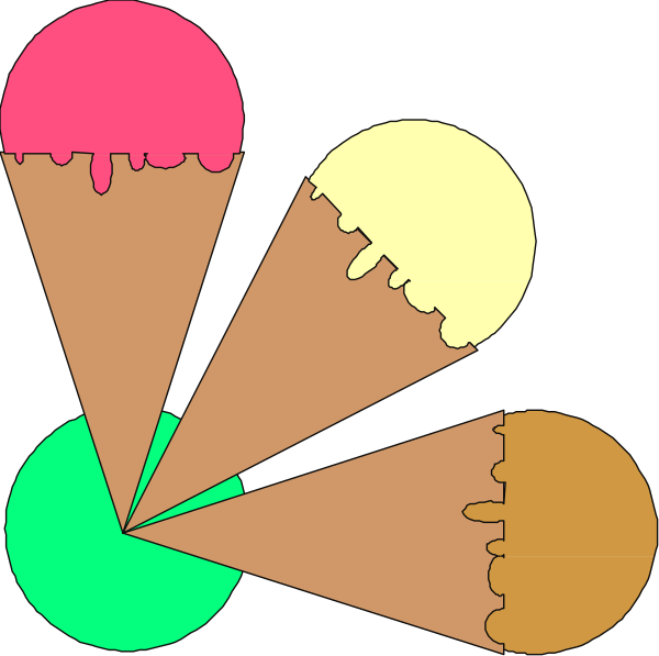 The image shows a collection of ice cream cones with different flavors represented by colored icing on top: pink for strawberry, yellow for vanilla, green for mint chocolate chip, brown for fudge ripple, and white for cookies 'n' creme. Each cone is placed within an open-ended cardboard holder that has a scalloped edge design at the bottom of each side. The cones are arranged in two rows with three visible from this angle; they appear to be on display or ready for serving.