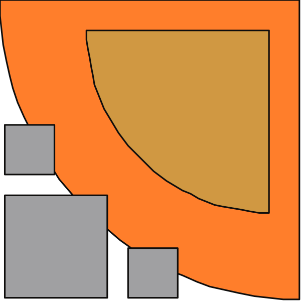 The image shows a stylized graphic of an orange shape resembling a shield with two gray shapes on either side that could be interpreted as blocks or boxes within it.