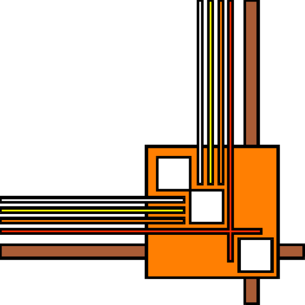 The image shows a digital representation of an electronic circuit board with various components such as resistors (orange), capacitors (yellow), transistors (white), diodes (red) connected by lines that represent wires, all set against a black background.