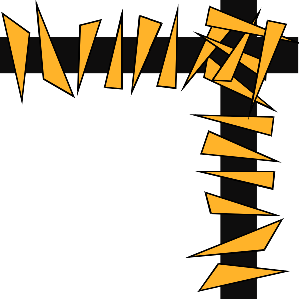 The image shows a black background with orange geometric shapes that resemble broken glass forming an abstract pattern on either side of what appears to be a white cross in the center.