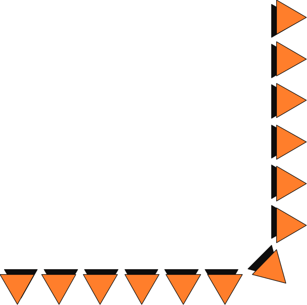 The image shows a black rectangle with orange triangles on its sides forming an abstract design that resembles a stylized house shape in white outline against a dark background.