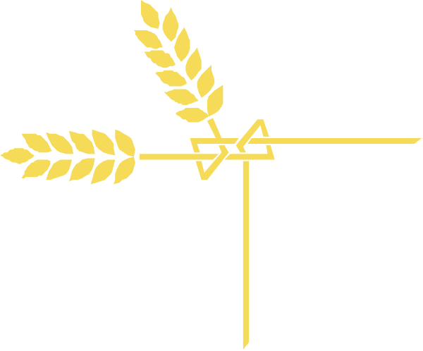 The black and white logo features a wheat sheaf on top of an arrow pointing to its right side with two crossed swords below it in front of a shield-like background.