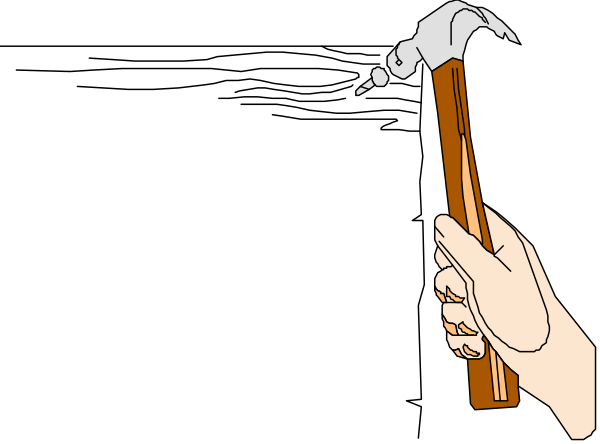 The image shows a hand holding an object that resembles a hammer with nails sticking out of it against a black background.
