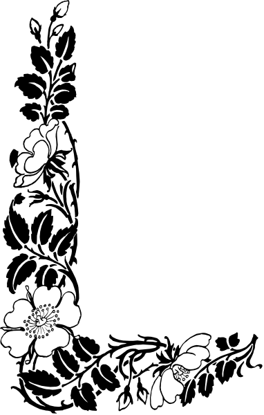 The black and white photo shows a floral pattern with flowers on both sides of what appears to be an abstract design resembling leaves in between them.
