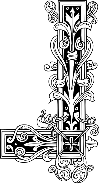 The black and white illustration shows a decorative border with intricate patterns resembling classical architectural elements such as columns and leaves on either side of what appears to be an emblem in between featuring two crossed swords, possibly representing some form of heraldry or symbolism associated with the design.