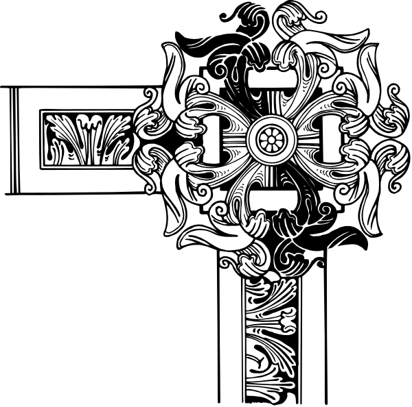 The black and white illustration shows a decorative key with intricate designs on it against an abstract background that resembles stylized leaves in various shades of gray.
