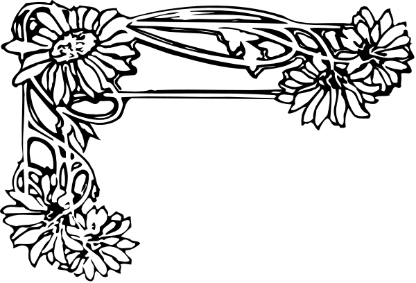 The black and white illustration features a decorative bench with floral designs on either side of it against an abstract background that includes flowers at both ends.