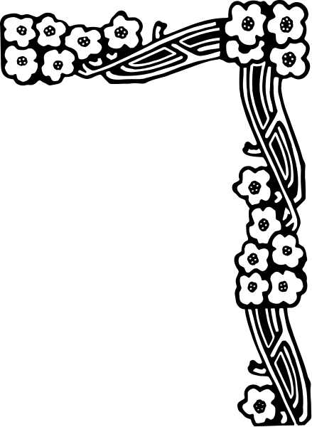 The black and white illustration shows a stylized floral pattern with what appears to be an abstract figure at its center, possibly resembling a person's head or face surrounded by flowers on either side of it.
