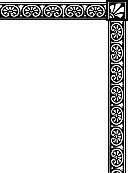The black and white photo shows a decorative border with intricate patterns on either side of what appears to be an open book in the center.