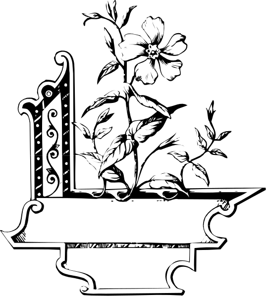 The black and white illustration features a stylized letter "L" with decorative elements around it that include leaves and possibly some sort of floral design on either side at its base; there is also an abstract figure resembling a humanoid shape in front, which appears to be holding or interacting with the lower part of the 'L'.