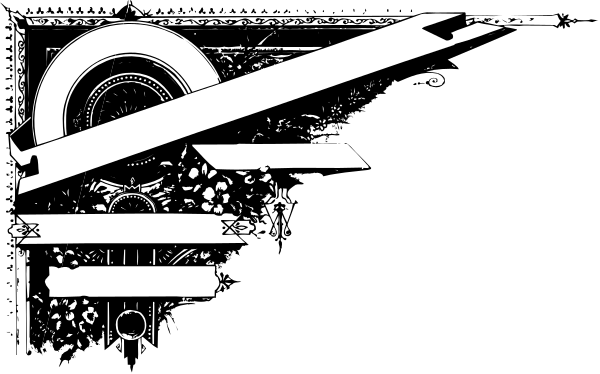 The image shows a black and white graphic with an emblem that resembles a shield on top of what appears to be a scroll-like banner at its base; there is also some text within this design, but it's not legible in this description.