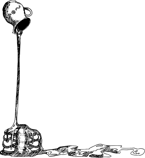 The black and white illustration shows a cartoon of an oil well with liquid pouring out from it into a bucket below on its right side.