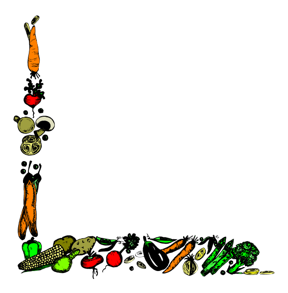 The image shows a black background with various food items such as carrots, broccoli, corn on cob, apples, bananas, an orange slice, eggs, bread loaves, milk cartons, and other vegetables arranged in no particular order to resemble groceries or produce.