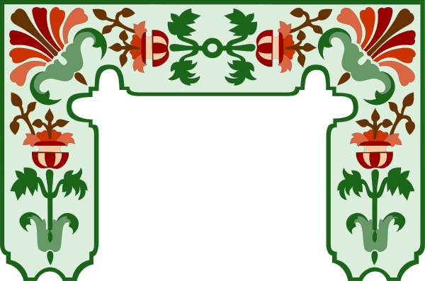 The image shows a stylized decorative border with floral patterns on either side of an archway that has two columns in between it; there is no text present within this clip-art illustration.