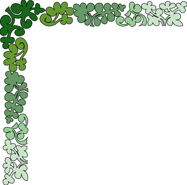 The image shows a black square with an intricate white border featuring green clovers on either side of it against a dark background.