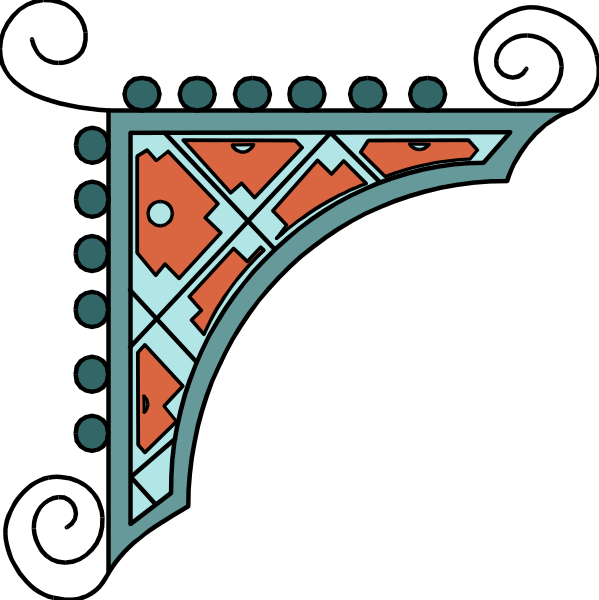 The image shows a stylized graphic of an architectural detail resembling a decorative architrave with intricate patterns on it against a black background.