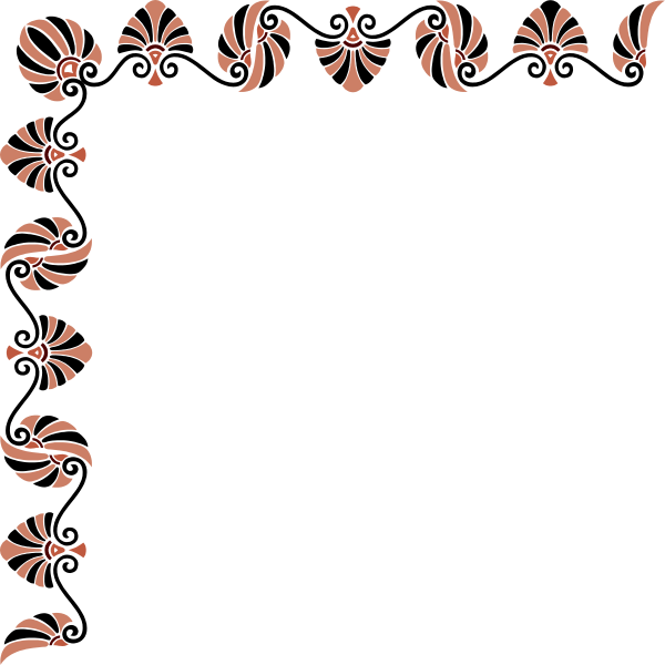The image shows a black background with an intricate red border featuring floral patterns around it; within this frame is another smaller square containing more detailed pink designs that resemble flowers as well.