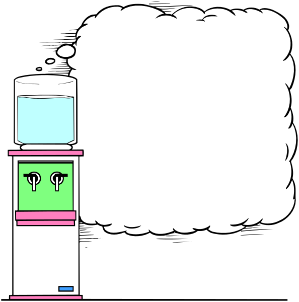 The image shows a refrigerator with two doors on top of each other next to an empty thought bubble containing water droplets above it; there is no text in this clip-art illustration.