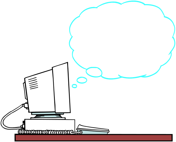 The image shows a cartoon of an office desk with various items on it: there is a computer monitor displaying what appears to be a blank screen; above that sits a thought bubble containing text "Ugh!"; next to this, in front and slightly overlapping the edge of the tabletop, are two staplers. The background features black space indicating an office environment with no additional details or objects present.