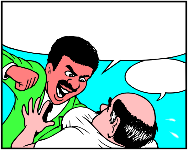 The comic strip shows a man with an exaggerated mustache being punched by another character who is wearing glasses; there's also text bubbles indicating dialogue between them in this humorous scene set against a blue background, which appears to be inside a building or room due to the presence of walls and ceiling.