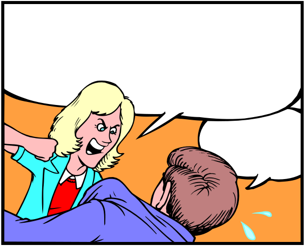 The comic strip shows a woman with blonde hair wearing blue pants standing next to two men who appear surprised by her statement; she is pointing at one of them while speaking into an unseen microphone.