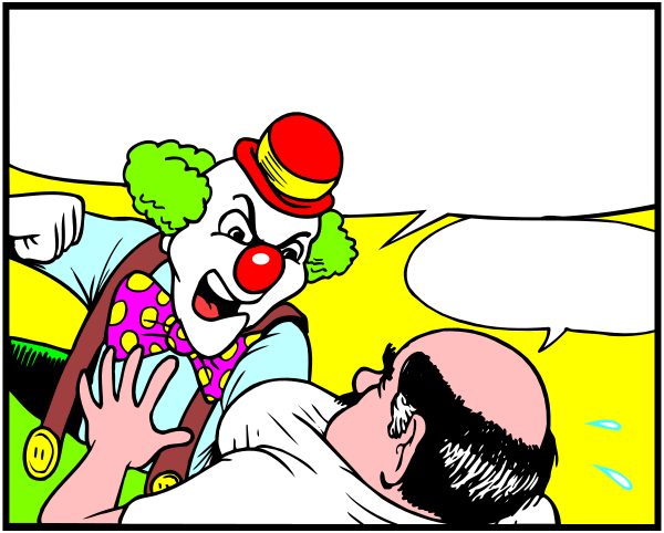The comic strip shows a clown with exaggerated features interacting humorously with another character who is surprised by his antics; it's set in an outdoor environment during daylight hours.