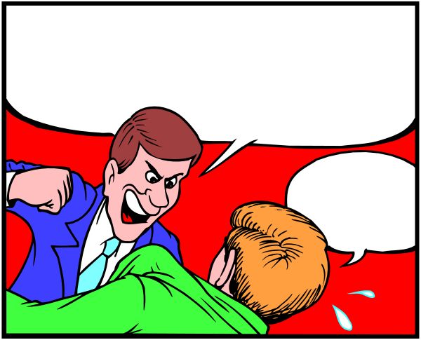 The comic strip shows a man with his fist raised to another person's face who is wearing green clothing; there's also an image of two men in suits talking above them while one appears surprised by their conversation, and below that panel, three speech bubbles show different reactions: the first has a hand gesture indicating surprise or shock, the second shows someone with fists clenched as if ready to fight, and the third is blank.