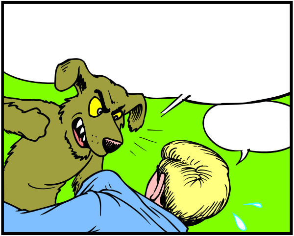 The comic strip shows a dog with an exaggerated expression of surprise next to two speech bubbles containing text; above it is another character who appears surprised by its reaction while below them lies someone in bed looking up at their pet, seemingly unaware that anything unusual has occurred.