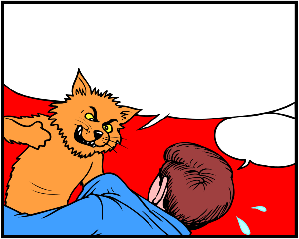 The comic strip shows a cartoon cat with an angry expression standing on top of another character who is lying down; above them floats speech bubbles containing text that reads "I'm gonna kick your ass" and "You can run, but you won't escape me."