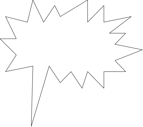 The black and white graphic shows a speech bubble with an explosion effect around it on top of what appears to be a dark background.