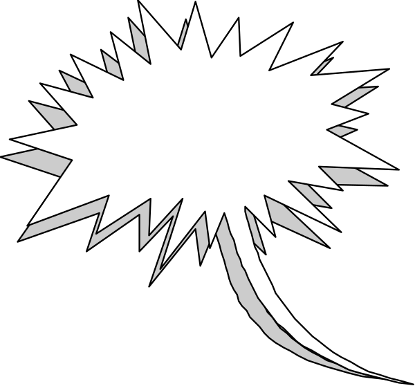The black and white illustration shows a speech bubble with an explosion graphic inside it on top of what appears to be a dark background.