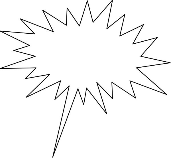 The black and white graphic shows a speech bubble with an explosion effect around it on a dark background.