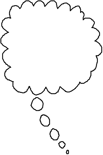 The black and white cartoon shows a thought bubble with an exclamation point inside it against a dark background.