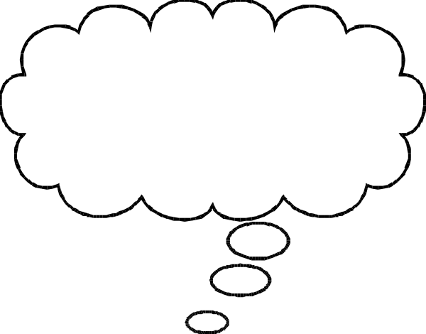 The image shows a black and white cartoon of an empty speech bubble with thought bubbles around it containing various ideas like "new idea", "innovation", "creativity" etc., suggesting brainstorming session, innovation process or creative thinking concept in business setting.