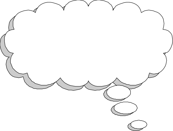 The image shows a black and white cartoon of an empty speech bubble with question marks inside it on top of what appears to be a dark background.