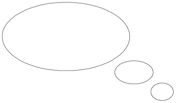 The image shows a speech bubble with two thought bubbles inside it against a dark background.