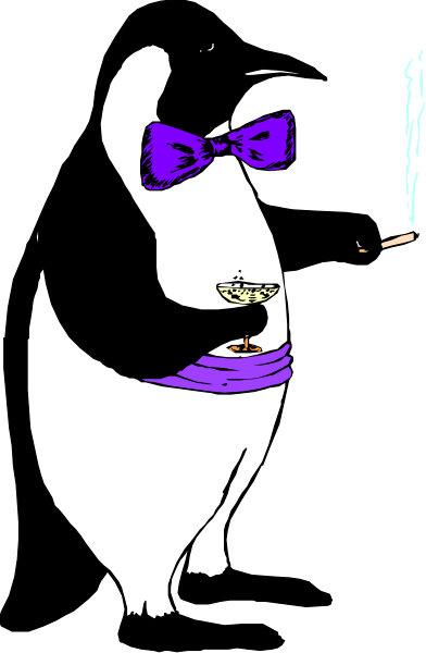 The image shows a cartoon of an anthropomorphic cat dressed as a waiter with purple bow tie holding a tray that has two drinks on it; one is being held by another character who appears to be in mid-air, suggesting movement and action.