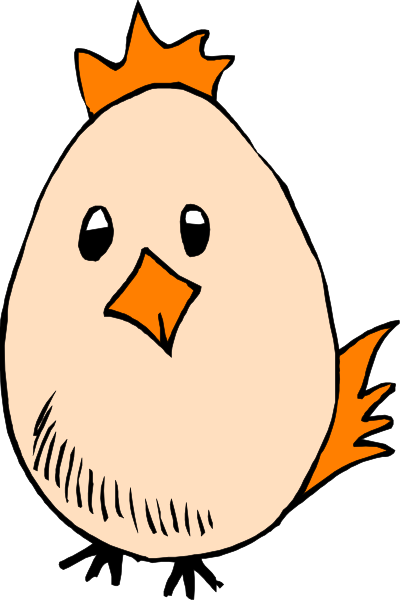 The image shows a cartoon chicken with an orange beak standing on what appears to be grass against a black background.