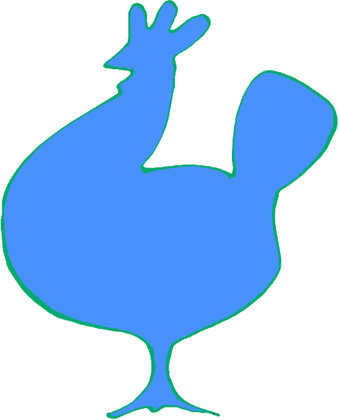 The image shows a blue silhouette of an upside down chicken with its beak pointing towards the top right corner against a white background.