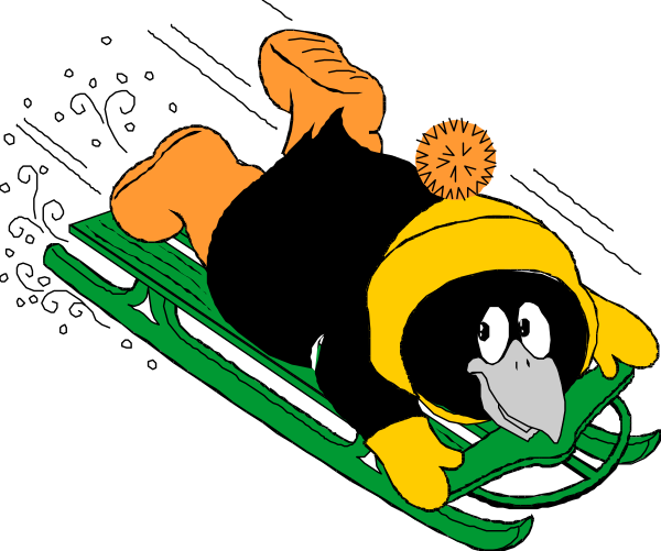 The cartoon depicts a bird character lying on its back with an orange beak inside what appears to be a green sled, wearing winter clothing including goggles over eyes that look like two black dots and one yellow dot in front of them; it has white gloves covering hands which are not visible.