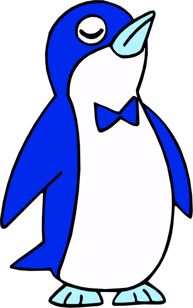 The image shows a cartoon penguin with blue feathers standing upright on two legs against a black background; it has white eyes, an orange beak, webbed feet, is wearing a bow tie and appears to have its head tilted slightly upwards as if looking at something above.