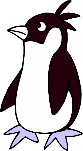 The image shows a penguin standing upright with its feet apart on what appears to be an ice surface against a dark background.