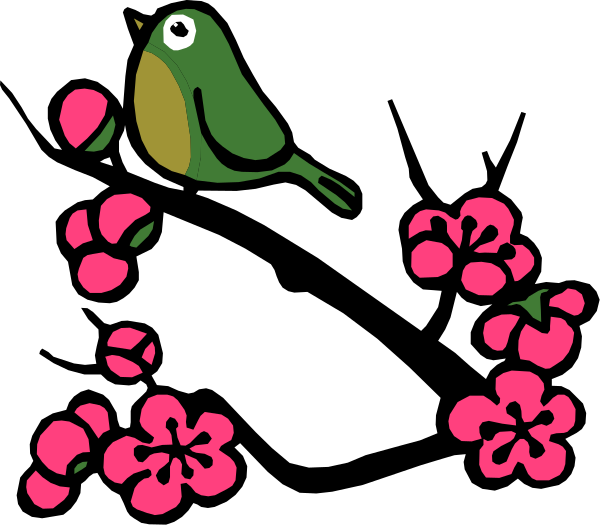 The image shows a cartoon bird perched on top of pink flowers with cherry blossom petals falling around it against a black background.