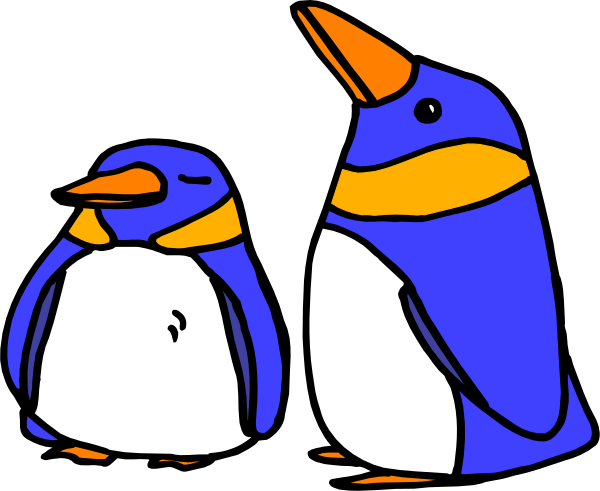 The image shows three penguins standing next to each other with a black background; two of them have orange beaks while one has blue feathers on its head.