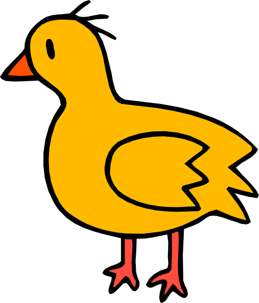 The image shows a cartoon of an orange bird with wings spread standing next to a yellow duck that is walking away from it on what appears to be grassy ground under clear skies.