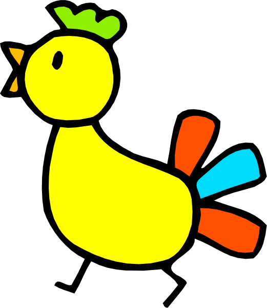 The image shows a cartoon of an orange chicken with blue wings standing on top of what appears to be a black surface in front of it.