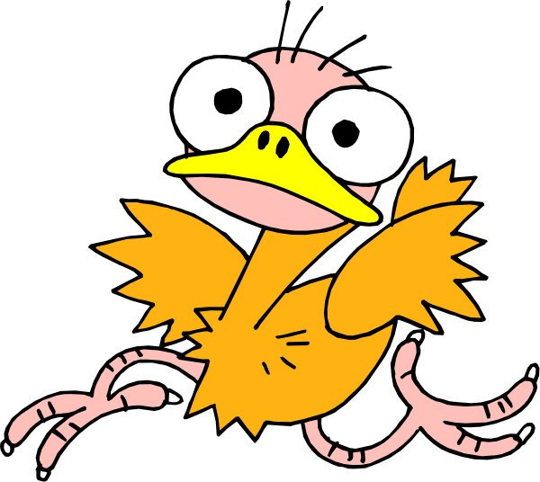 The image shows a cartoon of an animated bird with exaggerated features such as large eyes and beak, standing on what appears to be two legs in front of it while looking upwards towards its right side.