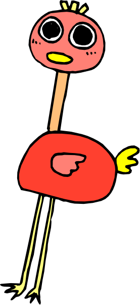 The image shows a cartoon of an anthropomorphic chicken with red feathers standing upright against a black background.